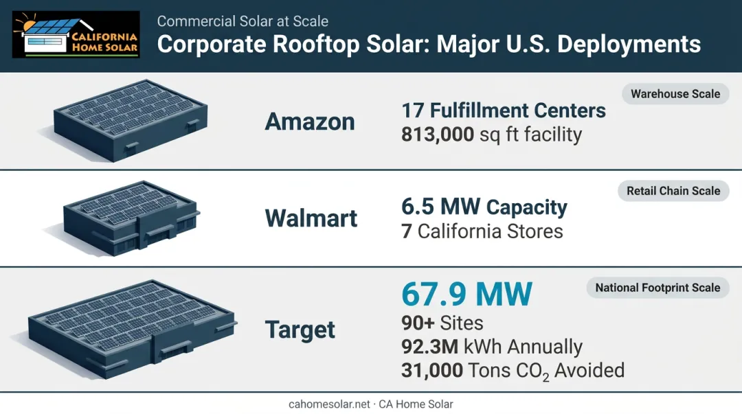 Major corporations commercial rooftop solar deployments capacity and savings comparison