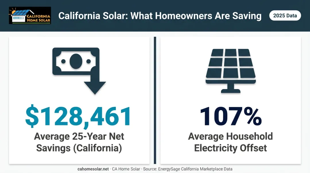 California solar 25-year savings and electricity offset percentage statistics infographic