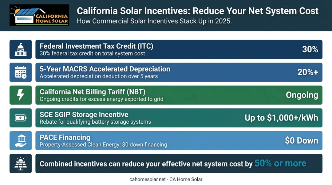 Commercial solar incentives stacking diagram federal ITC MACRS SGIP PACE financing benefits