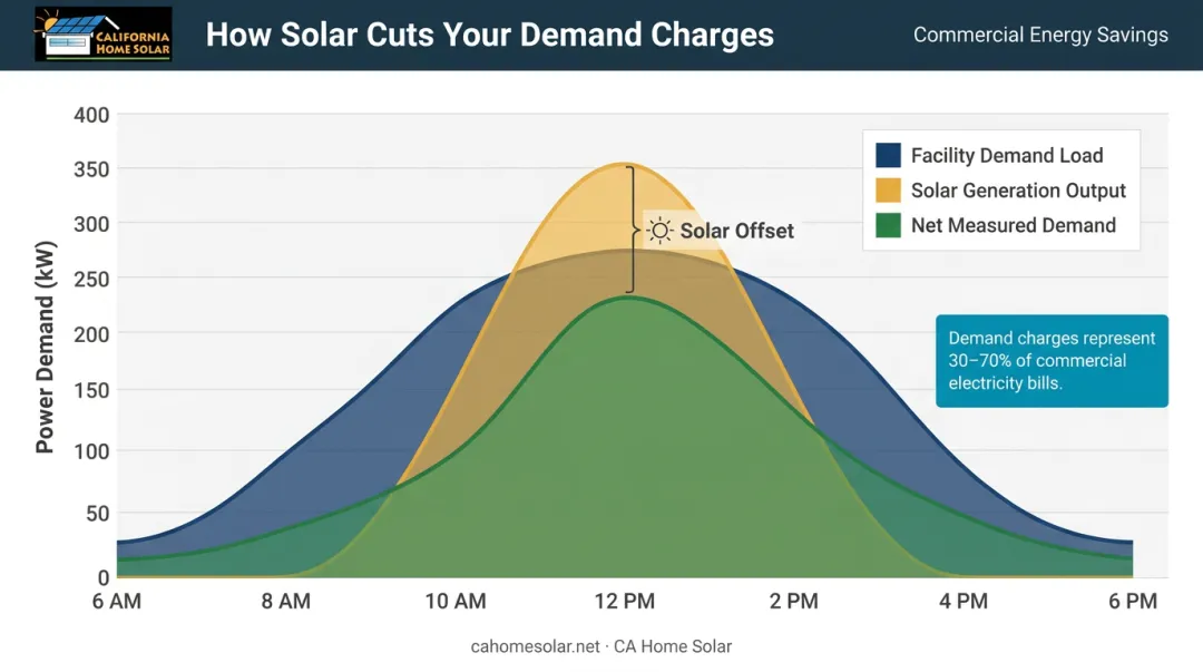 Commercial solar demand charge reduction peak power draw billing period diagram