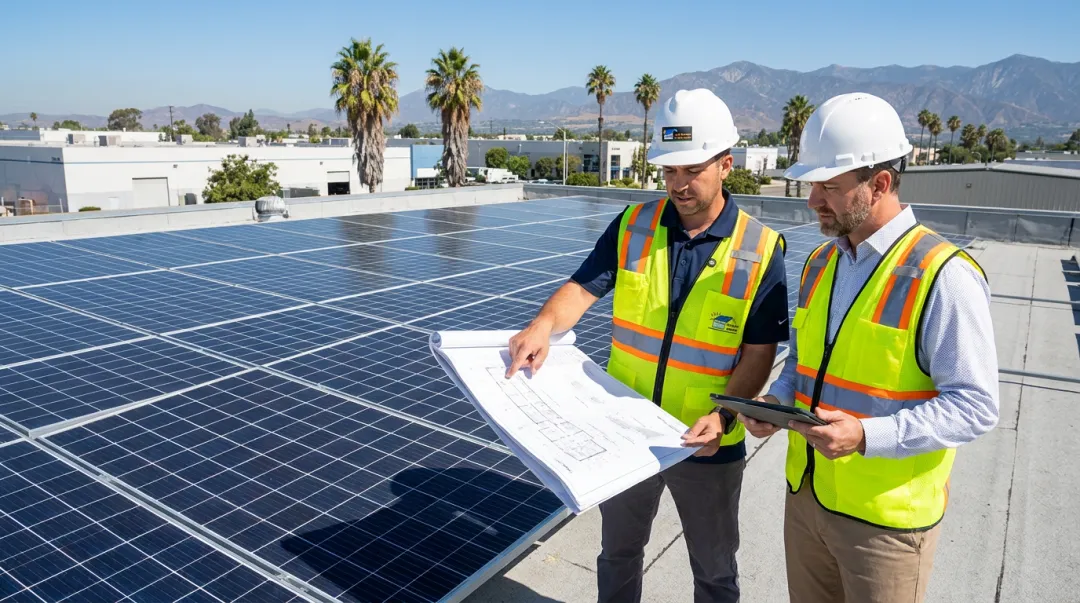 CA Home Solar commercial installation team reviewing solar system design with business client
