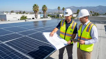 CA Home Solar commercial installation team reviewing solar system design with business client