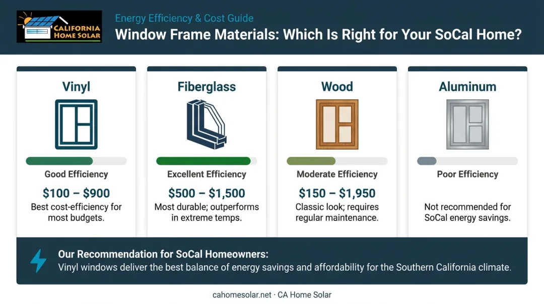 Window frame material comparison chart showing efficiency cost and durability ratings