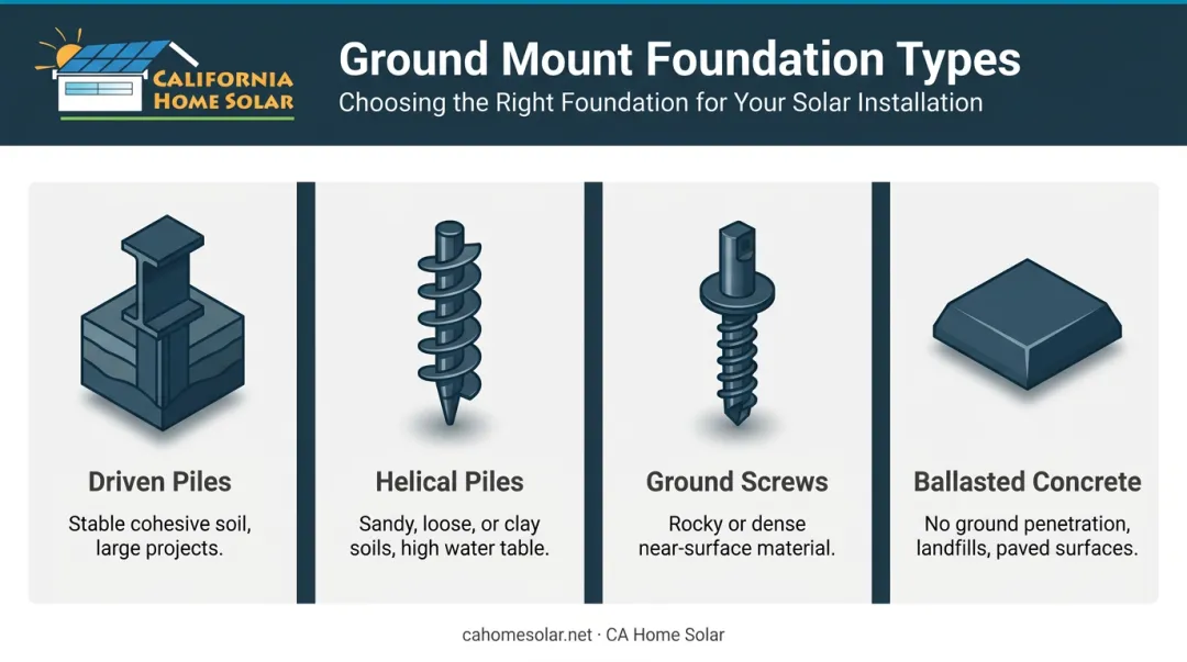 Four solar ground mount foundation types driven piles helical piles ground screws ballasted concrete