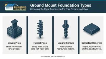 Four solar ground mount foundation types driven piles helical piles ground screws ballasted concrete