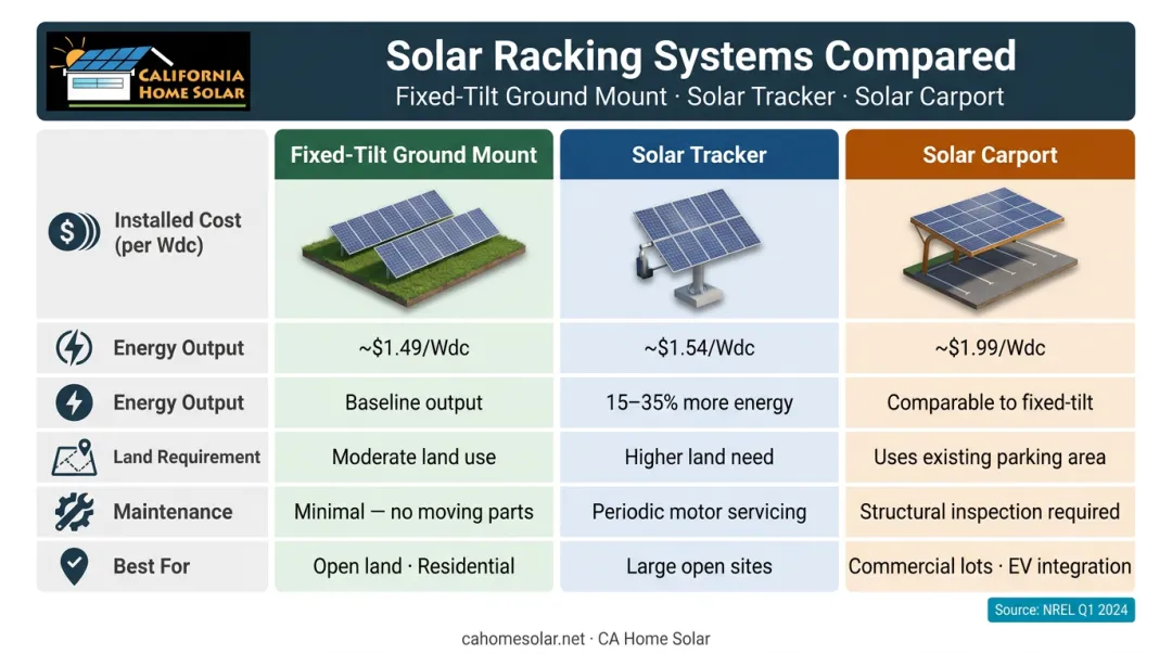 Fixed-tilt ground mount versus solar tracker versus carport racking system comparison chart