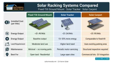 Fixed-tilt ground mount versus solar tracker versus carport racking system comparison chart