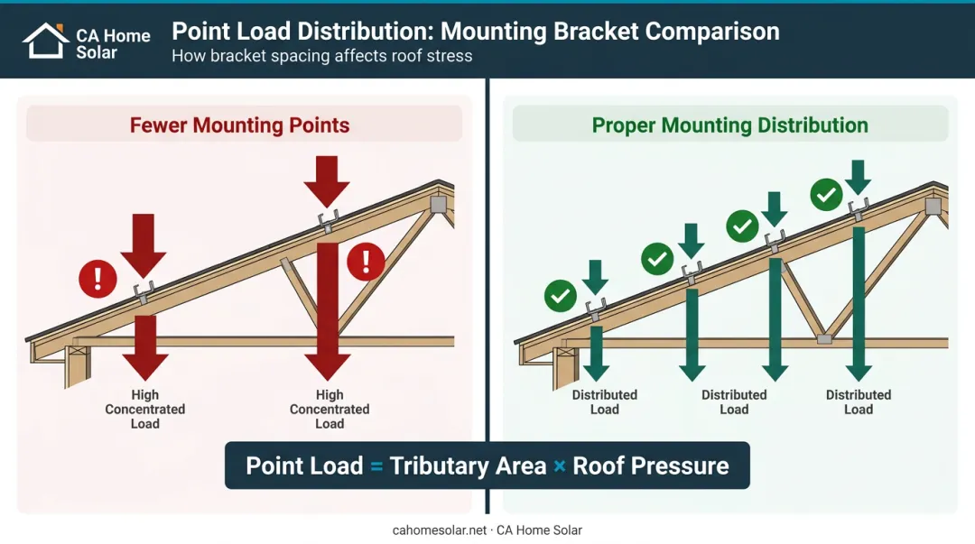 Solar panel point load concentration comparison fewer versus more mounting brackets