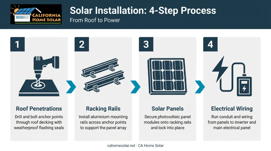 4-step California solar panel physical installation sequence process flow diagram