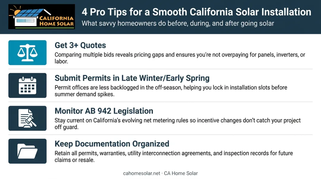 Four pro tips for smooth California solar installation project checklist infographic