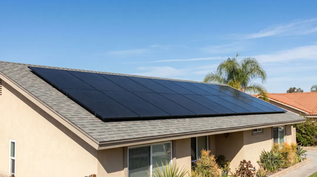 California residential solar panel system installed on suburban home rooftop