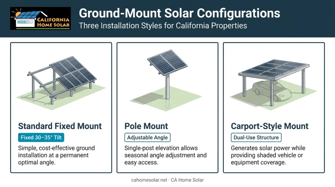 Three types of residential ground mount solar systems fixed pole and carport