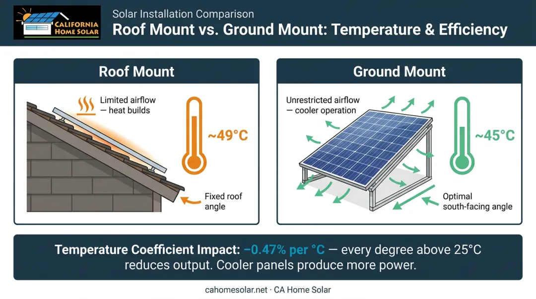Solar panel heat and orientation efficiency comparison roof mount versus ground mount