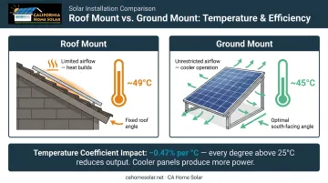 Solar panel heat and orientation efficiency comparison roof mount versus ground mount