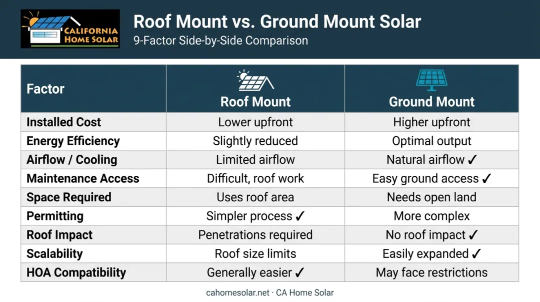 Roof mount versus ground mount solar panel comparison chart nine key factors