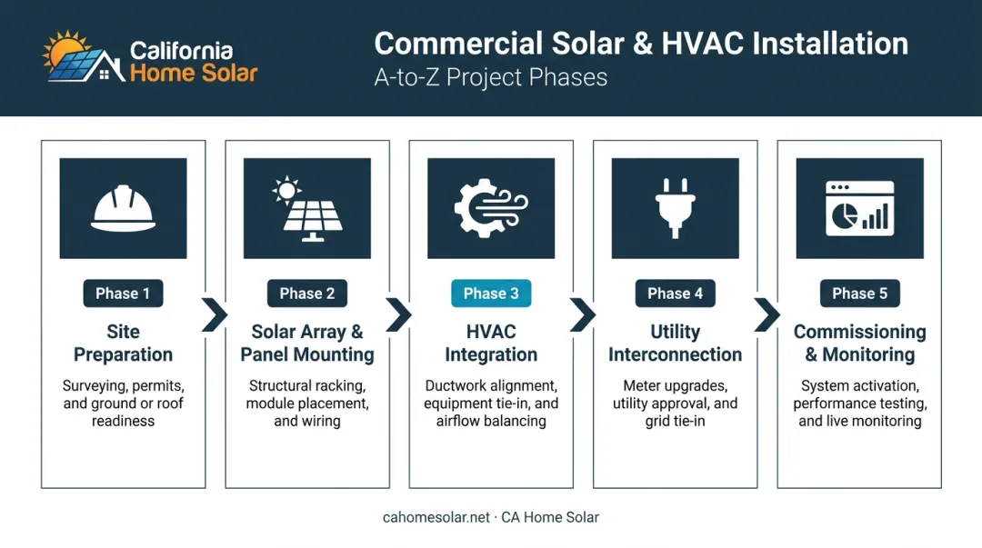 5-phase commercial solar and HVAC installation process flow diagram