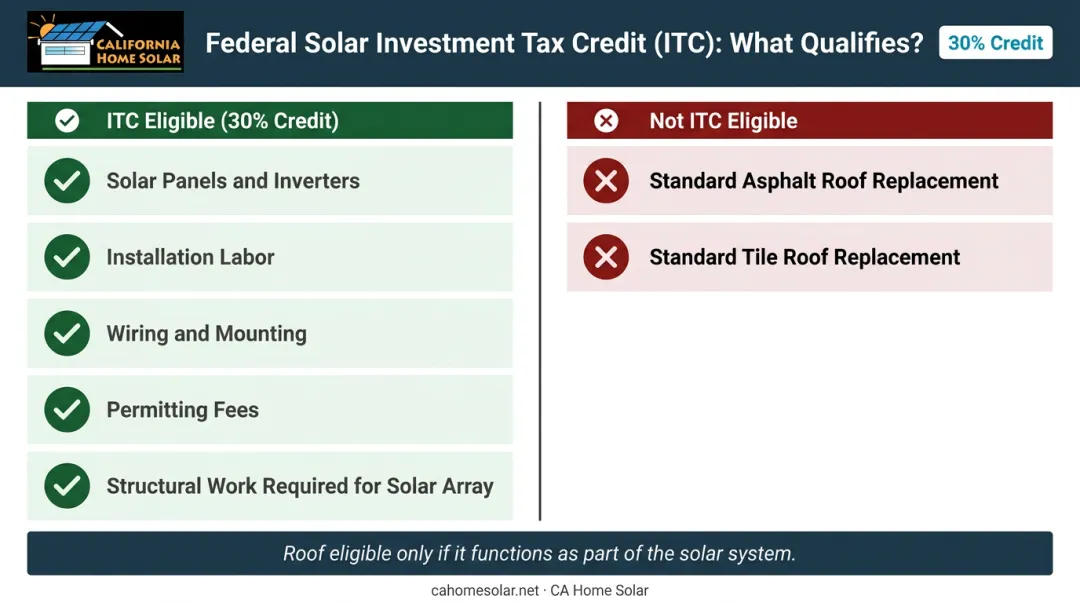 Federal ITC eligible versus ineligible solar and roof costs side-by-side comparison chart