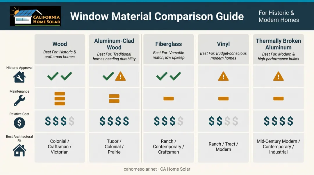 Five window material types comparison chart for historic homes historic approval and cost