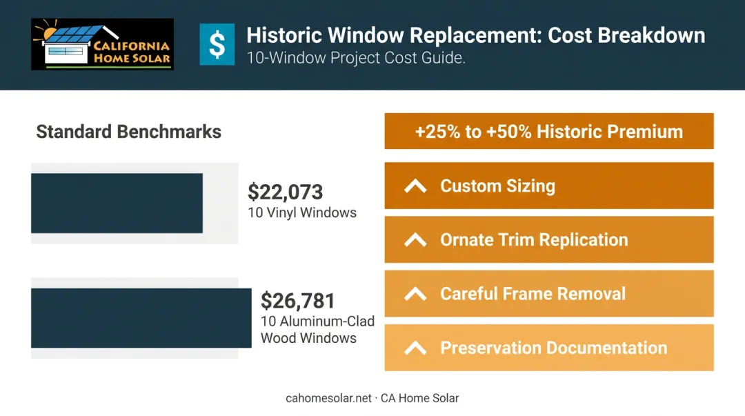 Historic window replacement cost breakdown showing per-window ranges and premium factors