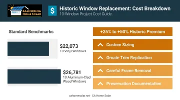 Historic window replacement cost breakdown showing per-window ranges and premium factors