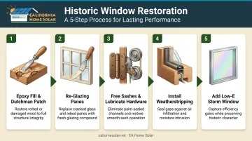 5-step historic window restoration process flow from epoxy repair to storm window