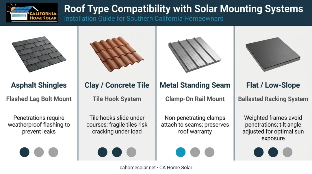 Solar panel mounting methods by roof type compatibility comparison infographic
