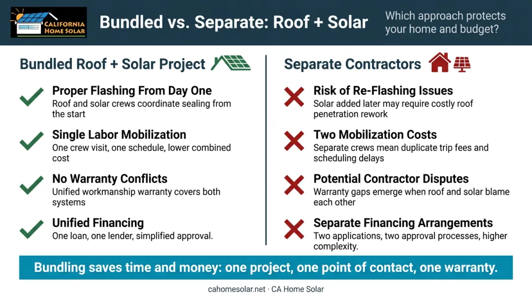 Bundled roof replacement and solar installation benefits comparison versus separate contractors