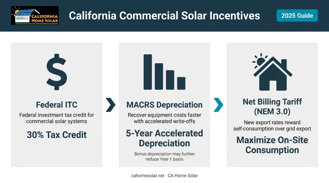 Three California commercial solar incentives ITC MACRS and NEM 3.0 breakdown infographic