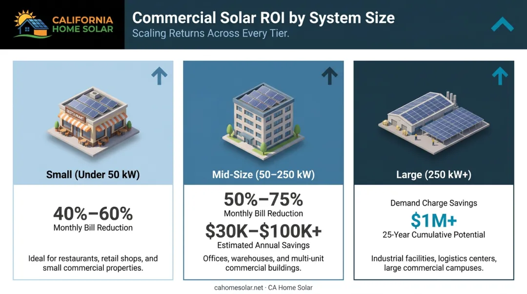 Three-tier commercial solar savings comparison from small to large facilities