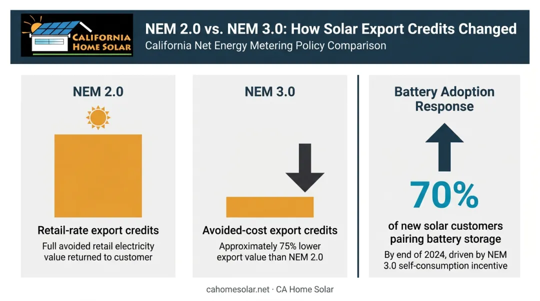 NEM 3.0 versus NEM 2.0 solar export credit value comparison infographic