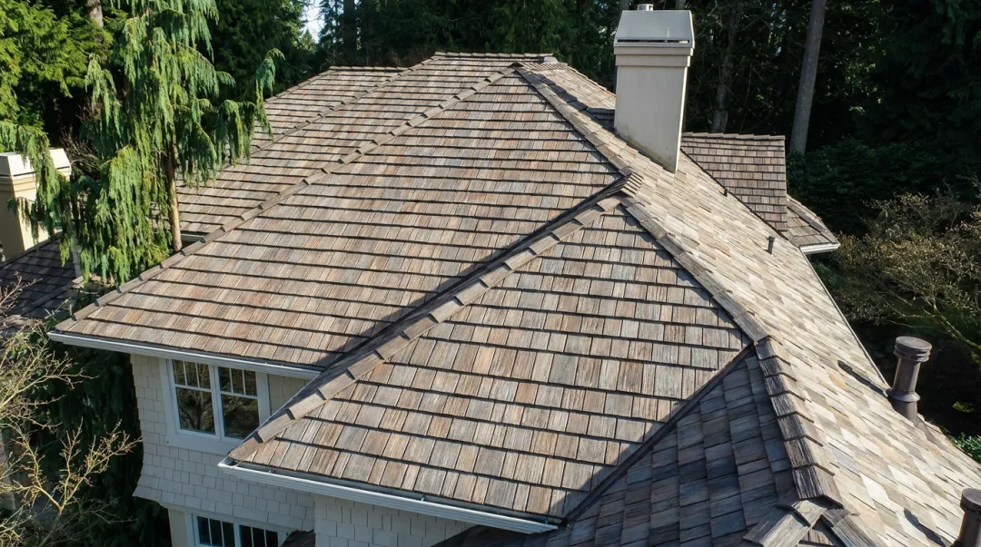 Recycled composite synthetic shingles installed on residential roof surface