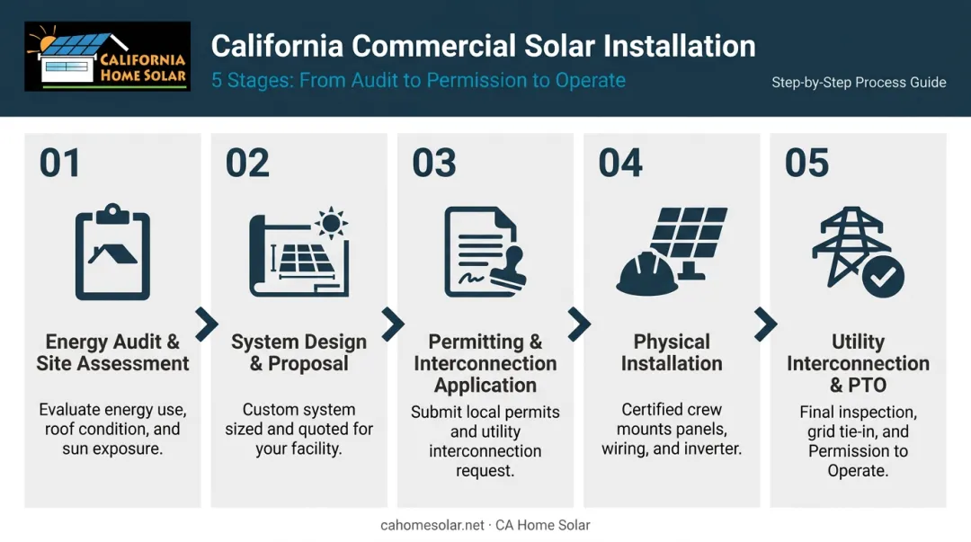 5-stage commercial solar installation process from site assessment to permission to operate