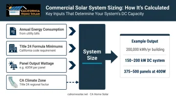 Commercial solar system sizing factors and panel count estimation process infographic