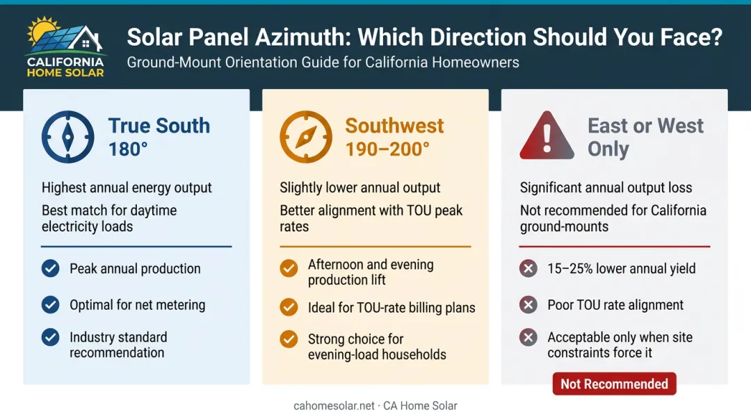 Solar panel azimuth orientation trade-offs true south versus southwest comparison infographic