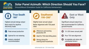 Solar panel azimuth orientation trade-offs true south versus southwest comparison infographic