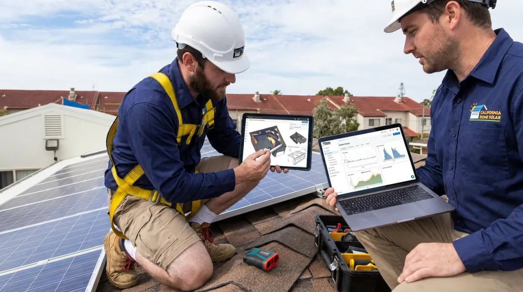 Solar installer conducting professional roof and shading assessment using software tools