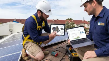 Solar installer conducting professional roof and shading assessment using software tools