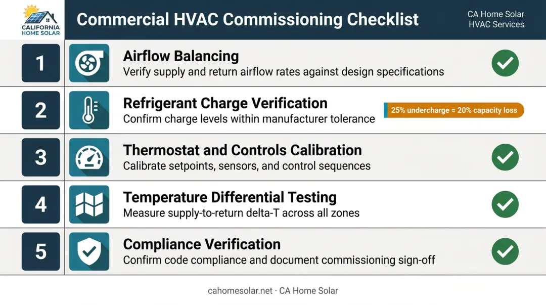 Five-point commercial HVAC commissioning checklist with efficiency data and compliance verification