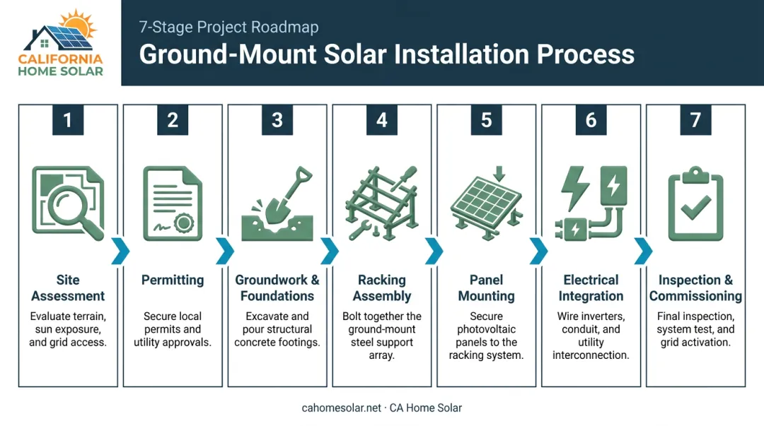 7-stage ground-mounted solar installation process flow from permits to commissioning