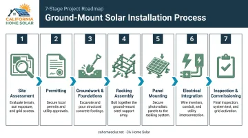7-stage ground-mounted solar installation process flow from permits to commissioning