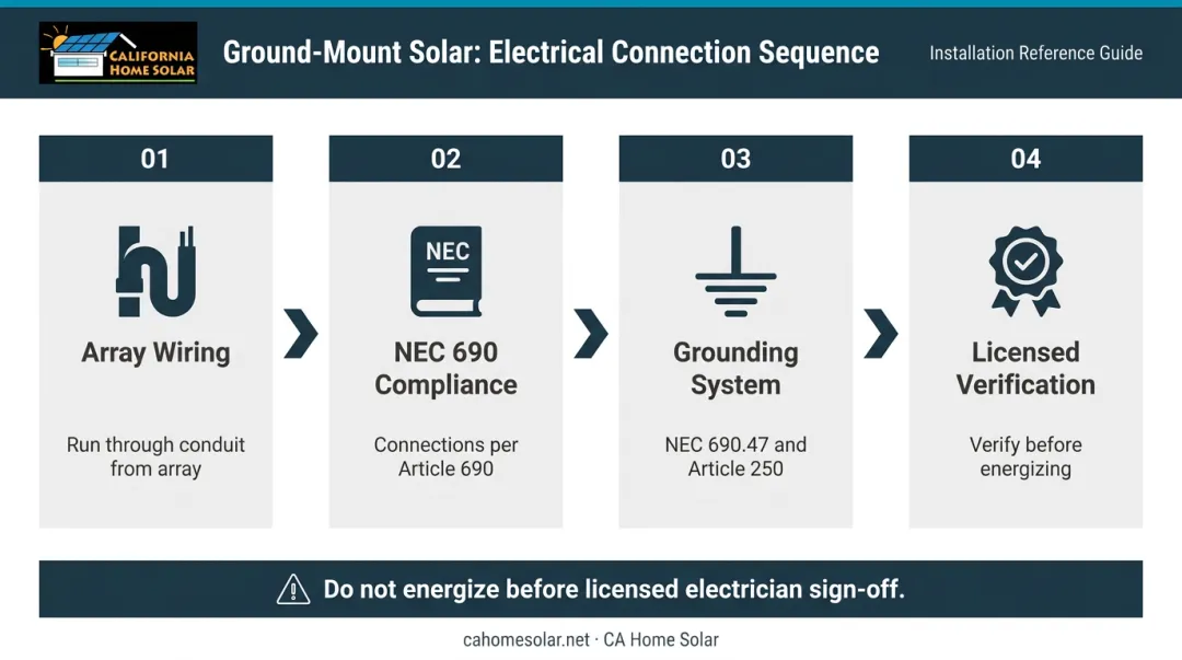 Ground-mount solar electrical connection and NEC grounding requirements step-by-step diagram