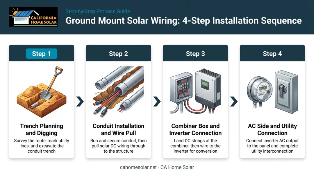 Four-step ground mount solar wiring sequence from trench to utility connection