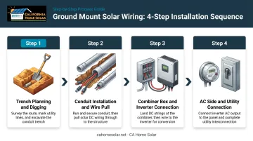 Four-step ground mount solar wiring sequence from trench to utility connection