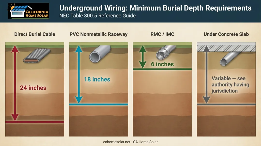 NEC Table 300.5 conduit burial depth requirements comparison chart for solar