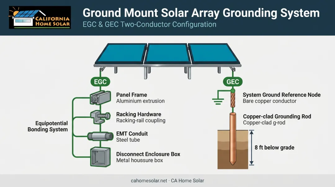 Ground mount solar grounding system diagram showing EGC GEC and bonding connections