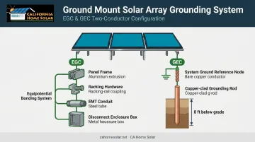 Ground mount solar grounding system diagram showing EGC GEC and bonding connections