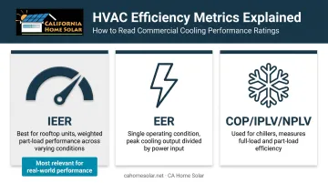 Commercial HVAC efficiency metrics IEER EER COP IPLV comparison infographic