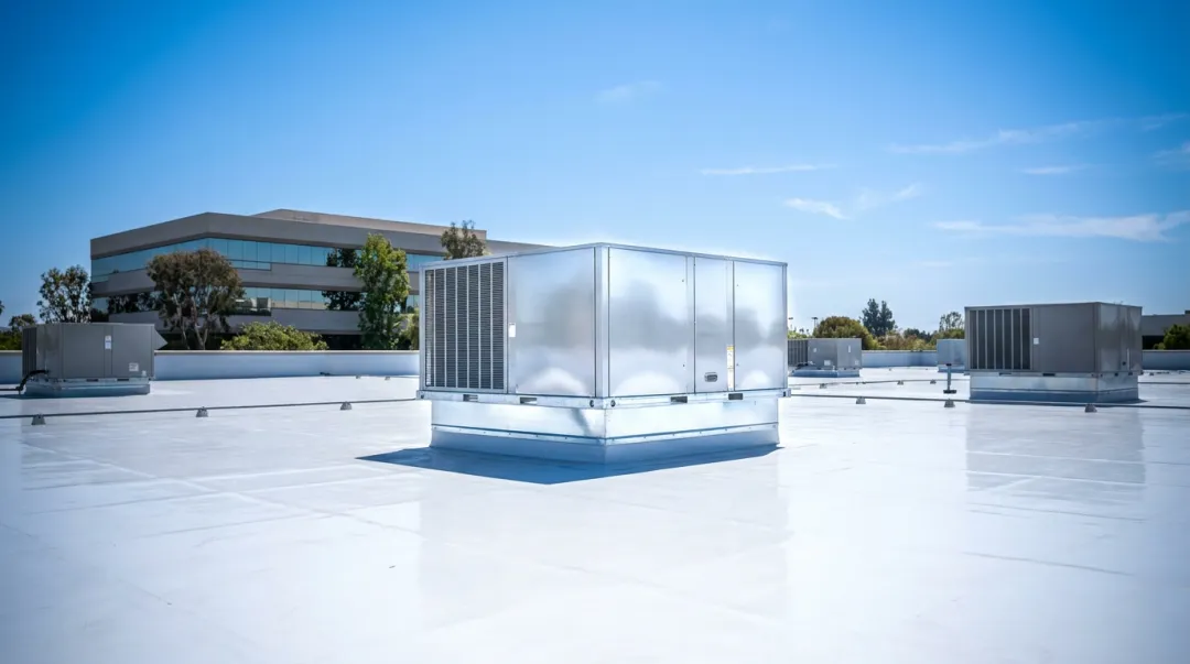 Commercial rooftop HVAC unit installed on large office building flat roof