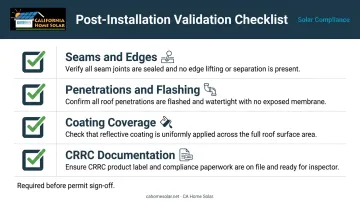 Cool roof post-installation validation checklist for seams penetrations coating and compliance