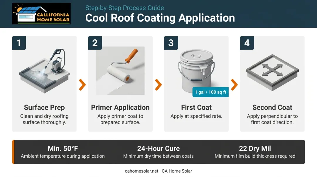 Cool roof coating application process steps coverage rates and temperature requirements
